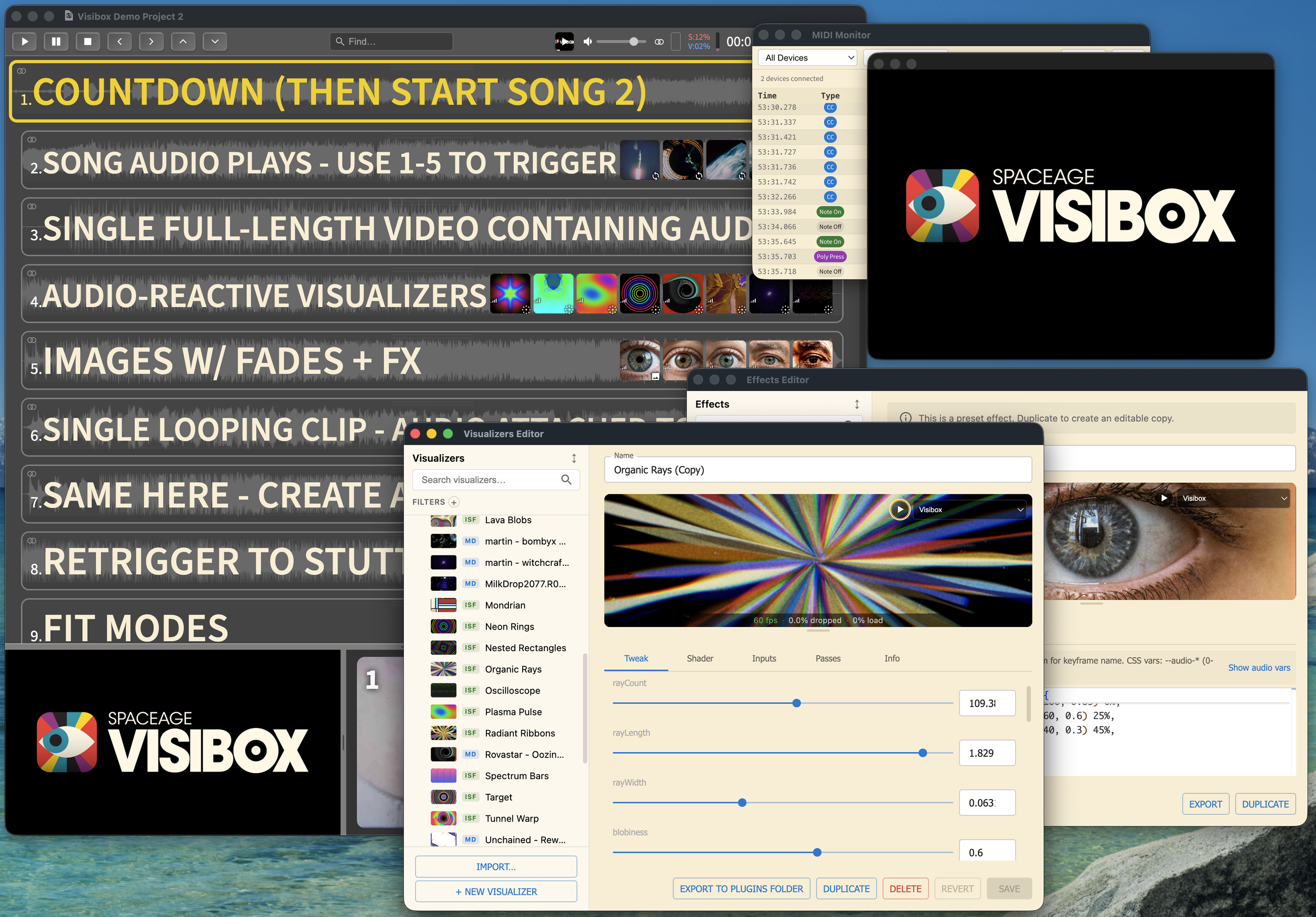 Visibox interface — songs and clips, MIDI monitor, and visualizer editor